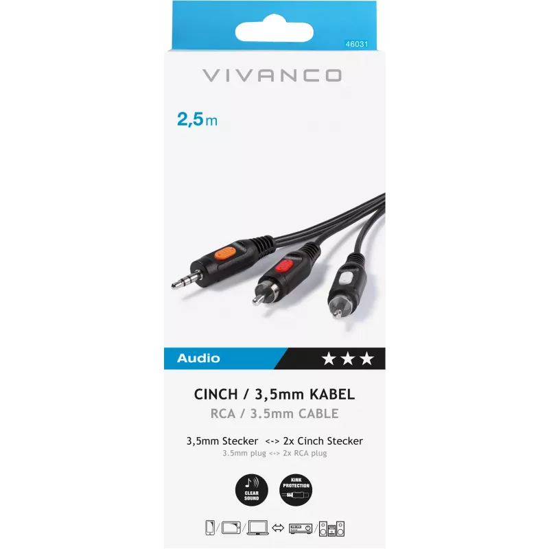 Audio kábel 3,5 mm na 2xRCA Vivanco 2,5 m (VVAJACK2RCA25MMK)