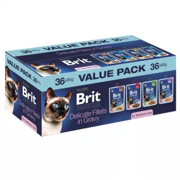 Brit Delicate Fillets in Gravy pre kastrované mačky – 36 x 85 g vrecúšok