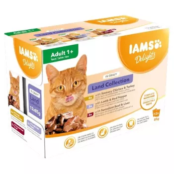 EUKANUBA IAMS DELIGHTS Land Collection v omáčke mokré krmivo pre mačky, 12 x 85g vrecká, Adult, kuracie, jahňacie & morčacie