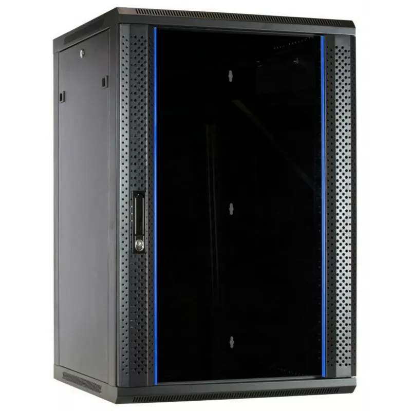 DSIT 18U nástenný serverový rack s tvrdenými sklenenými dverami, 600x600x900 mm, čierny