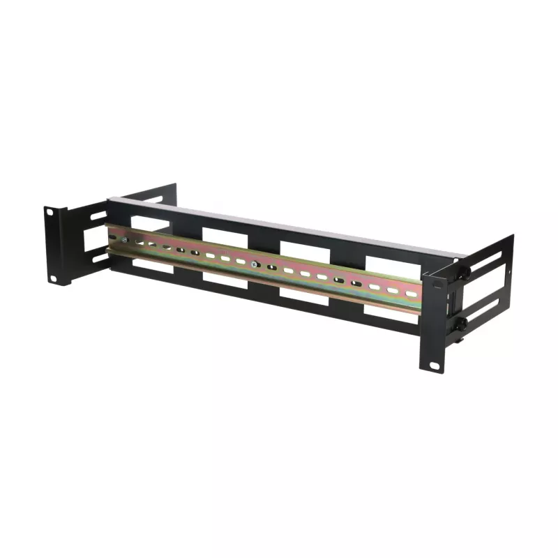 DSIT 2U DIN lištový držiak pre 19-palcové racky, hĺbka nastaviteľná 100-200 mm, TS35, čierny