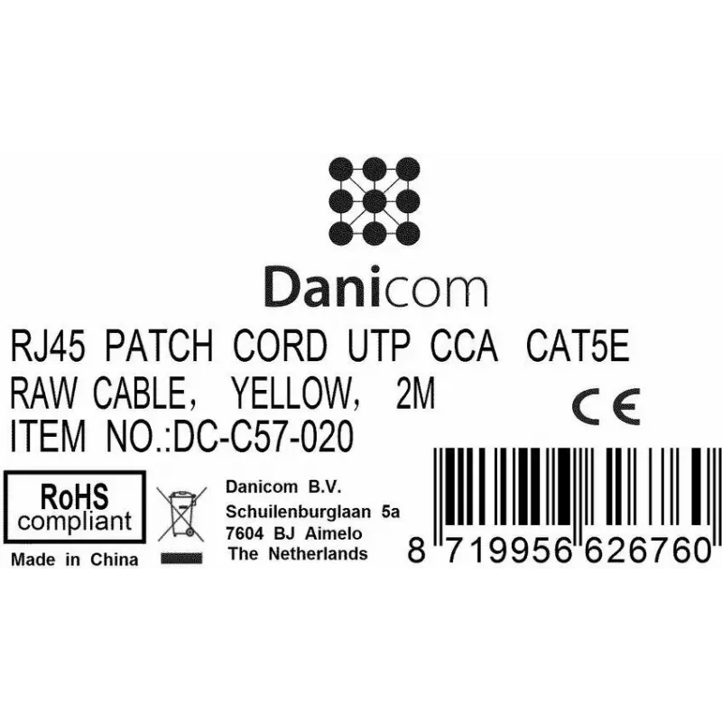 DSIT CAT 5e U/UTP sieťový patch kábel, RJ45 konektor samec na samec, 2 m, žltá, CCA, 100 MHz