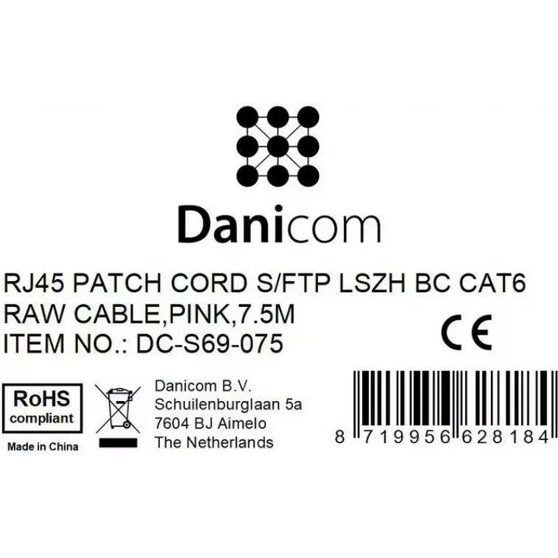 DSIT CAT 6 sieťový kábel LSOH - S/FTP - 7,5 m - ružový