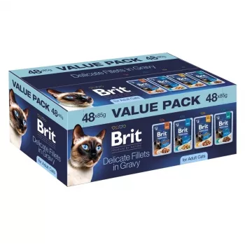 Brit Delicate Fillets in Gravy pre dospelé mačky - 48x85g multipack (kura, hovädzina, moriak, losos)