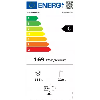LG GBBS312CPY voľne stojaca kombinovaná chladnička s mrazničkou, Total No Frost, nerez, energetická trieda C, 333L