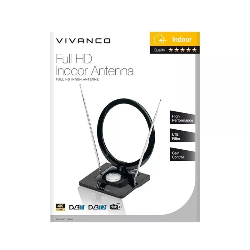 Vivanco VVTVANTSCIRCLE vnútorná anténa DVB-T2/DAB+ plochá anténa s 4G/5G filtrom, čierna