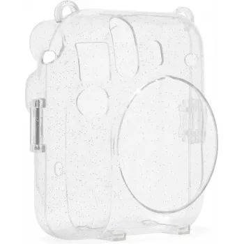 Fujifilm Instax Mini 12 Glitter Cover - priehľadné trblietavé puzdro na fotoaparát s nastaviteľným ramenným popruhom, magnetickým uzáverom, na mieru šitá PU kožená a PVC ochrana pre Instax Mini 12