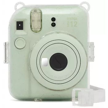 Fujifilm Instax Mini 12 Glitter Cover - priehľadné trblietavé puzdro na fotoaparát s nastaviteľným ramenným popruhom, magnetickým uzáverom, na mieru šitá PU kožená a PVC ochrana pre Instax Mini 12