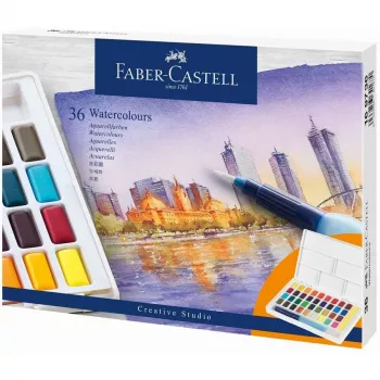 Faber-Castell Creative Studio sada vodových farieb, 36 farieb v pevných miskách so štetcom a špongiou, miešacia paleta vo vrchnáku, študentská kvalita, transparentná, doplňateľná, prenosná plastová krabička