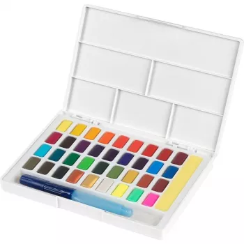 Faber-Castell Creative Studio sada vodových farieb, 36 farieb v pevných miskách so štetcom a špongiou, miešacia paleta vo vrchnáku, študentská kvalita, transparentná, doplňateľná, prenosná plastová krabička