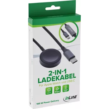 InLine® 2-in-1 nabíjací kábel pre Apple Watch + USB-C, 100 W, USB 2.0, 1,2 m