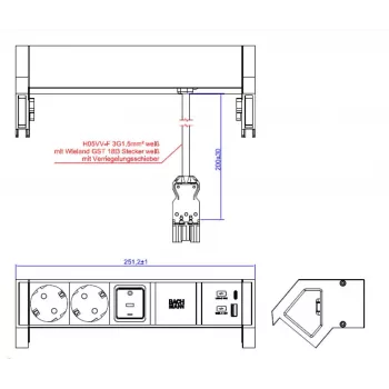Bachmann DESK2 biela stolová napájacia jednotka s 2 zásuvkami Schuko a USB-A/C 22W, 0,2m GST18