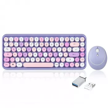 Perixx PERIDUO-713PP DE bezdrôtová mini klávesnica a myš set, retro-vintage dizajn, fialová, nemecké rozloženie