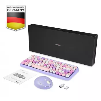 Perixx PERIDUO-713PP DE bezdrôtová mini klávesnica a myš set, retro-vintage dizajn, fialová, nemecké rozloženie