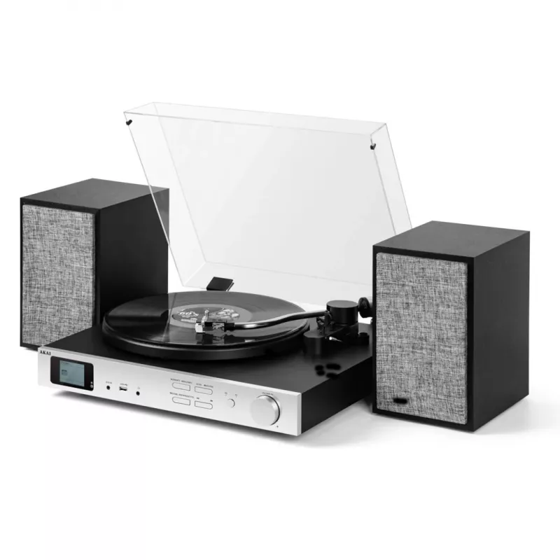 AKAI ATT-500SP gramofón s remeňovým pohonom, externými reproduktormi, Bluetooth, USB nahrávaním, čierny