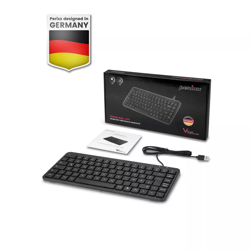 Perixx PERIBOARD-414 B DE káblová mini USB klávesnica, tiché klávesy, nemecké rozloženie, čierna
