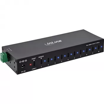 DELOCK InLine® USB 3.2 Gen.1 priemyselný hub, USB-C, 10-portový, s napájacím zdrojom