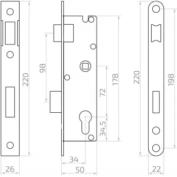PSG 63.211 L/P zapustený zámok so západkou a závorou, vymeniteľný, 220 x 22 mm čelo, 72 mm PZ, 50 mm vzdialenosť, pozinkovaná oceľ