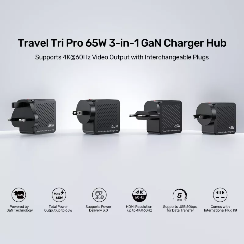 UNITEK P1242ABK01 GaN 3-in-1 cestovná nabíjačka-hub 65W s 4K@60Hz HDMI, USB-A a USB-C