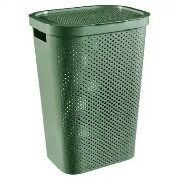 CURVER Infinity Recycled 60L koš na bielizeň, zelená, 44x35x60 cm, vetraný koš na bielizeň z recyklovaného plastu s vekom a rukoväťami