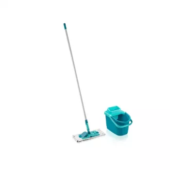 LEIFHEIT Clean & Compact čistiaca súprava na podlahu s plochým mopom a pedálovým žmýkačom, 8L vedro, mikrovláknová hlava, 33cm, biela/modrá
