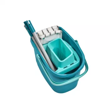 LEIFHEIT Clean & Compact čistiaca súprava na podlahu s plochým mopom a pedálovým žmýkačom, 8L vedro, mikrovláknová hlava, 33cm, biela/modrá