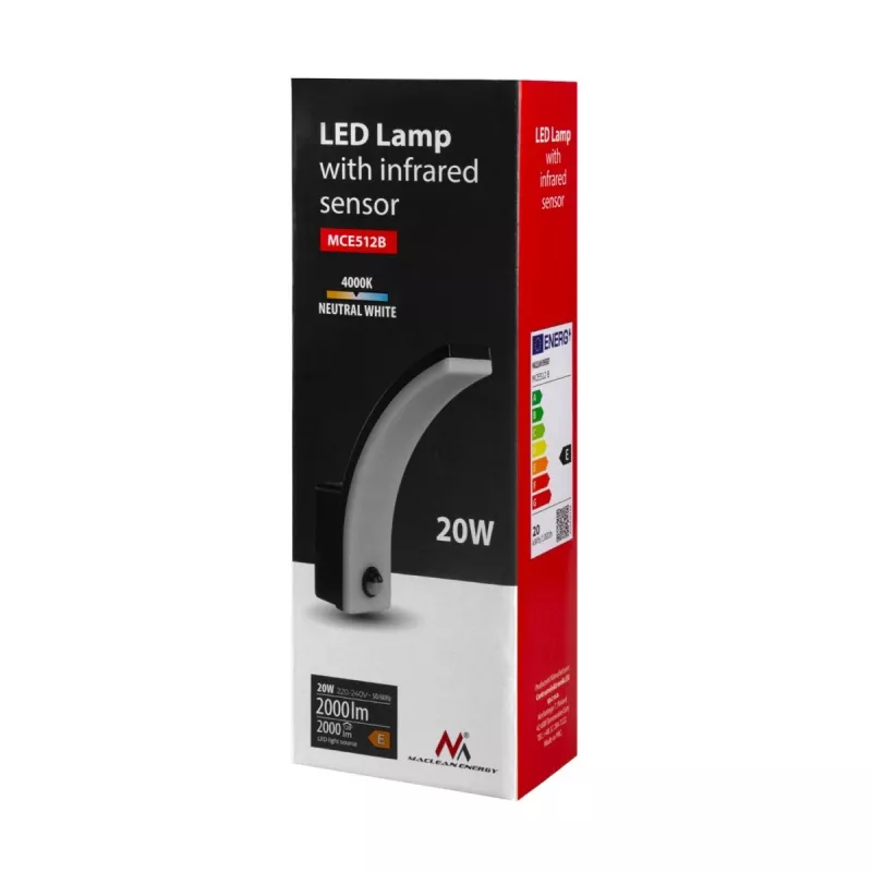 MACLEAN MCE512B LED lampa s pohybovým senzorom, 20W, 2000 lm, IP65