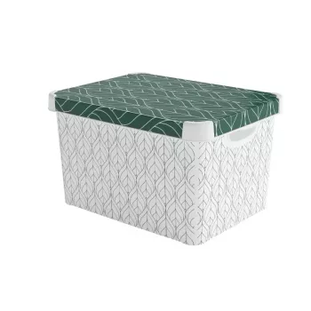 CURVER Deco Stockholm L úložná krabica s vekom, 39,5 x 29,5 x 23,5 cm, Green Leaves