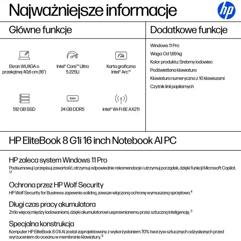 HP EliteBook 8 G1i 16 palca WUXGA notebook - Intel Core Ultra 5 225U, 24GB RAM, 512GB SSD, Windows 11 Pro, strieborná