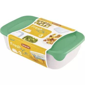 Curver Fresh & Go sada úložných boxov, 3 obdĺžnikové nádoby, 2L + 1L + 0,5L, transparentné s farebnými vzduchotesnými vekami
