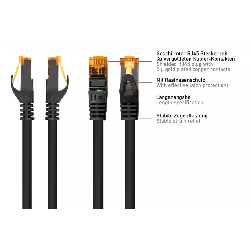 Kabelmeister RJ45 patch kábel Cat.7 surový kábel, vysoko flexibilný TPE plášť, bezhalogénový, čierny, 0,5 m