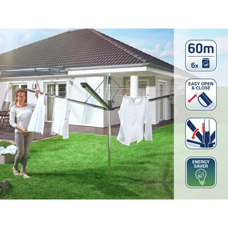 LEIFHEIT Linomatic 600 Plus rotačný sušiak na bielizeň, 60 m šnúry, hliníkový rám, automatické navíjanie šnúry, strieborná/sivá