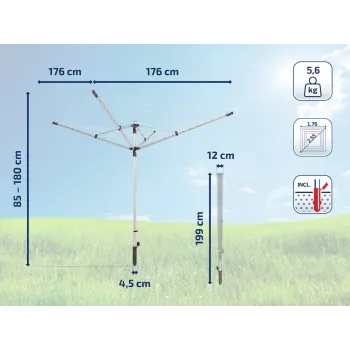 LEIFHEIT LinoLift 500 rotačný sušiak na bielizeň, 50 m šnúry, hliníkový rám, výškovo nastaviteľný 106-179 cm, UV odolné šnúry, puzdro na ukotvenie v zemi súčasťou