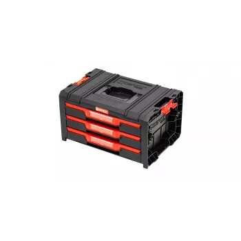 QBRICK SYSTEM PRO DRAWER 3 kufrík na náradie 2.0 Basic modulárny úložný systém s 3 plochými zásuvkami, čierna/červená, kovové koľajničky, celkové zaťaženie 15 kg
