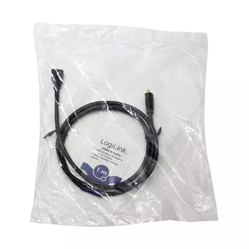 LogiLink CU0121 USB 2.0 Micro-B konektor samec na Micro-B konektor samica predlžovací kábel, 1 m, čierny