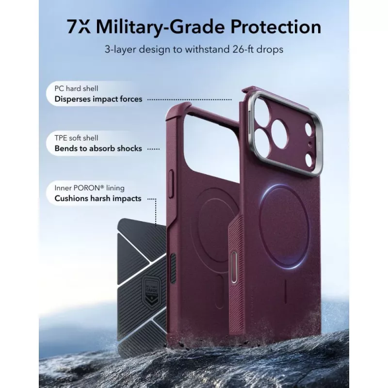 ESR Cyber Tough Kickstand MagSafe puzdro pre iPhone 17 Pro / 18 Pro – Deep Burgundy
