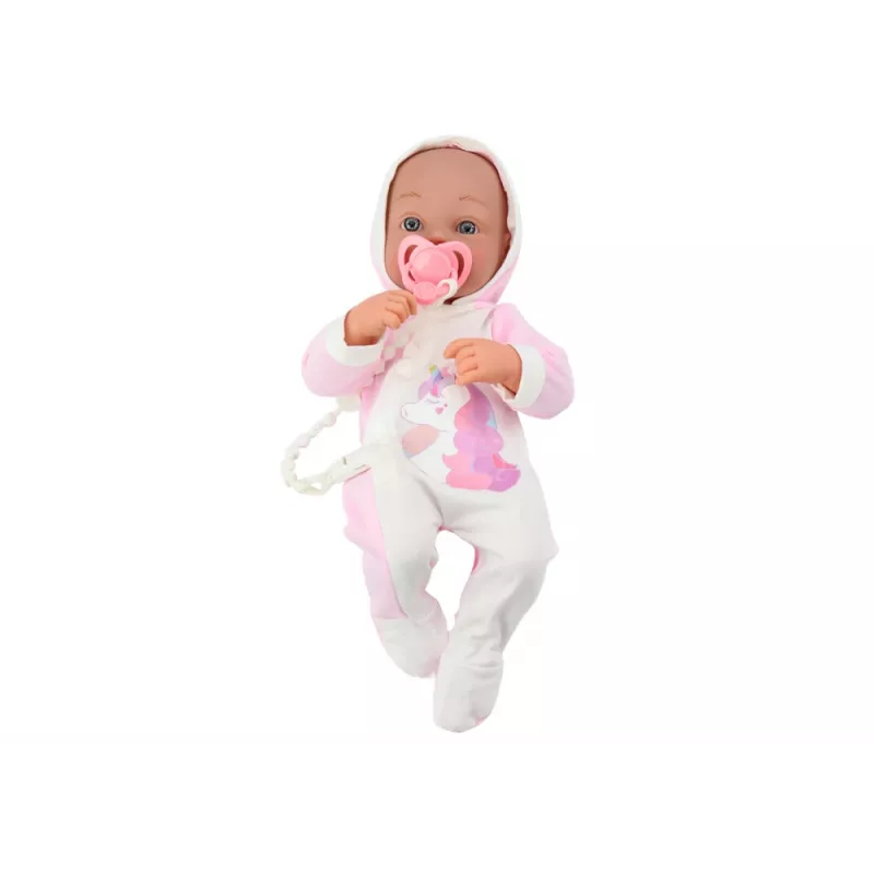 LEAN TOYS bábika s cumlíkom, jednorožec kombinéza, ružová deka a príslušenstvo, 35 cm