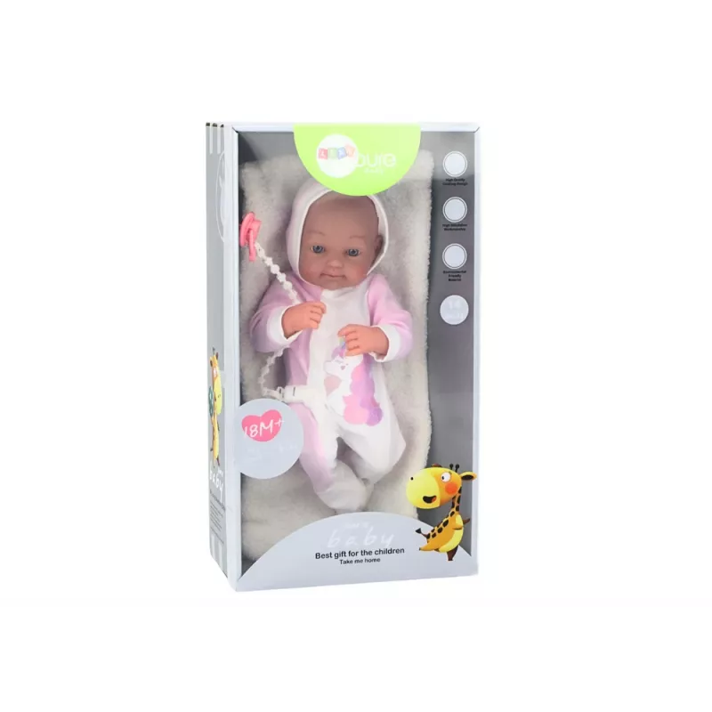 LEAN TOYS bábika s cumlíkom, jednorožec kombinéza, ružová deka a príslušenstvo, 35 cm