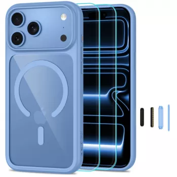 TECH-PROTECT MAGONE MagSafe priehľadné puzdro s balením 2 ks ochranného skla na displej pre iPhone 17 Pro Max / 18 Pro Max – svetlomodrá