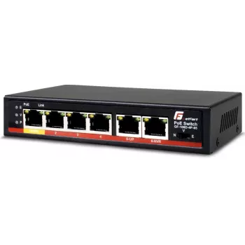 GETFORT GF-106D-4P-65 6-port Fast Ethernet PoE+ switch so 4 PoE portami a 2 uplink portami, 65W budget, kovový desktop