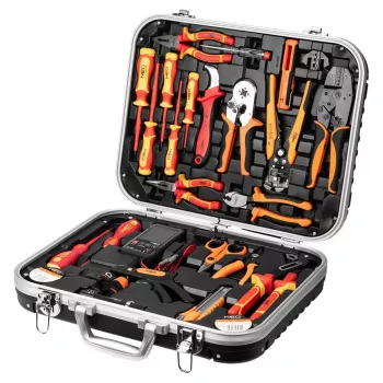 NEO TOOLS 25-dielna sada elektrikárskeho kufra, VDE izolované ručné náradie s skúšačkou napätia, odizolovacími kliešťami, kliešťami, skrutkovačmi a príslušenstvom v odolnom plastovom kufri