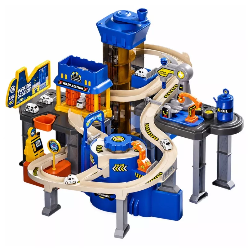 LEAN TOYS interaktívna súprava: parkovací dom, dielňa a autoumyvárka s 8 modrými autami