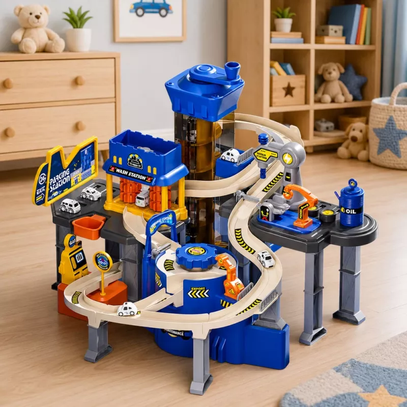 LEAN TOYS interaktívna súprava: parkovací dom, dielňa a autoumyvárka s 8 modrými autami