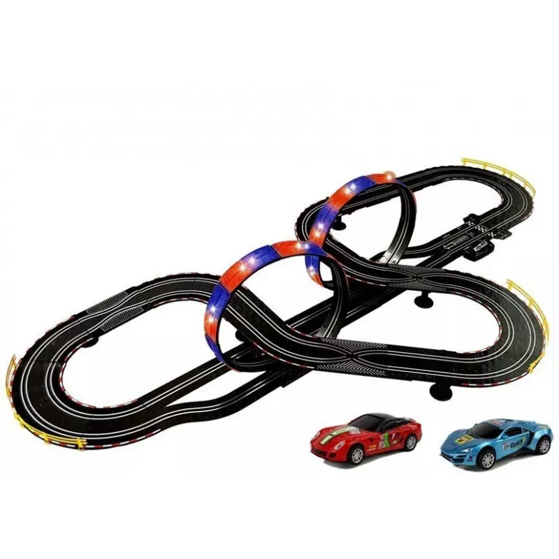 LEAN TOYS pretekárska dráha 2 autá Top Turbo svetlá 7,6 m dlhá