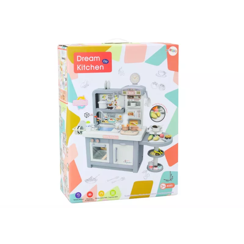LEAN TOYS detská kuchynka so svetlom, zvukmi, parou a príslušenstvom, sivá