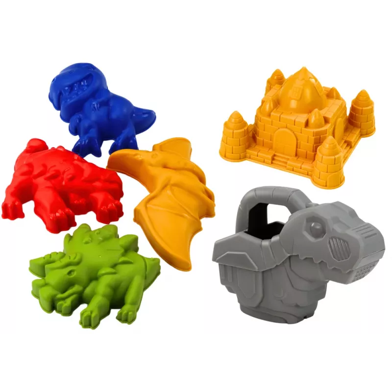 LEAN TOYS sada vedierko na piesok so sprchou, lopatkou, hrabličkami, formičkami, dinosaurus