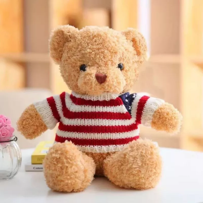 LEAN TOYS plyšový maskot maznáčik medvedík v pruhovanom tričku krémová 32 cm