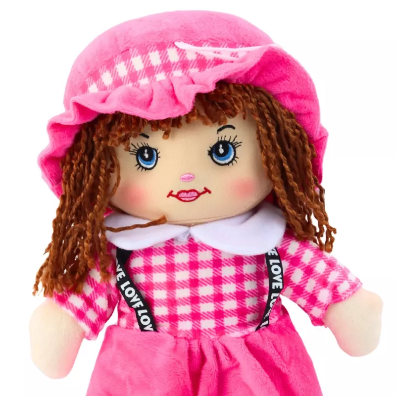 LEAN TOYS látková bábika maznáčik kárované šaty ružová 35 cm
