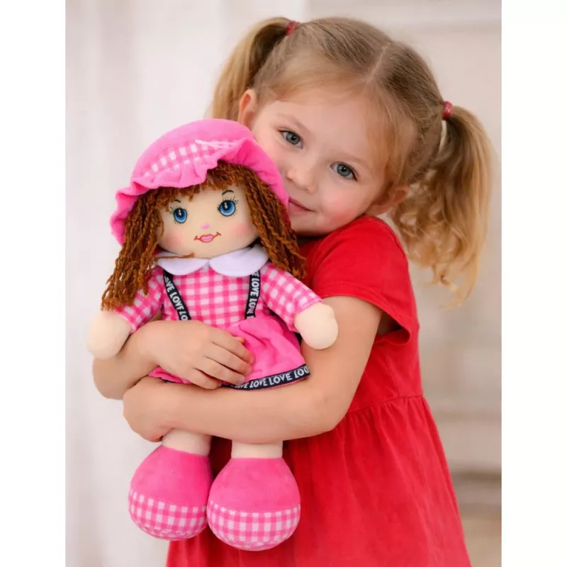 LEAN TOYS látková bábika maznáčik kárované šaty ružová 35 cm