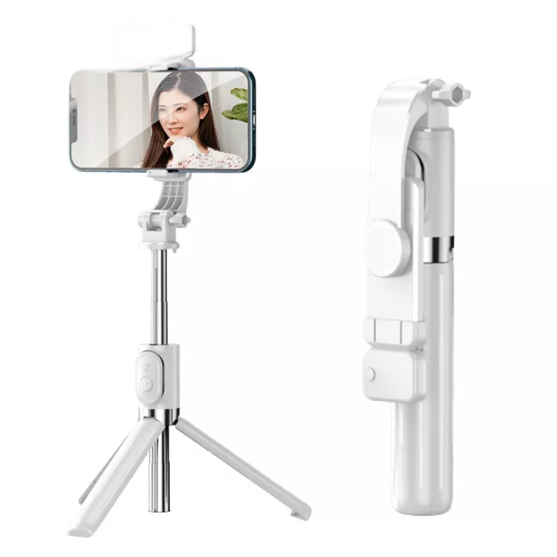 LEAN statív na selfie tyč s Bluetooth diaľkovým ovládačom a držiakom na telefón ZS8 biela